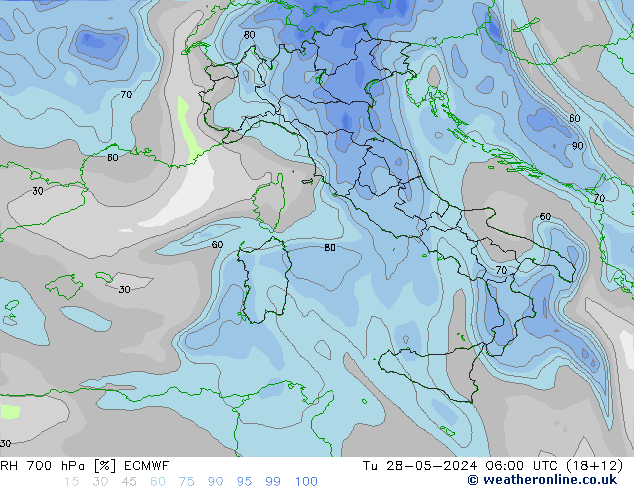 Humedad rel. 700hPa ECMWF mar 28.05.2024 06 UTC