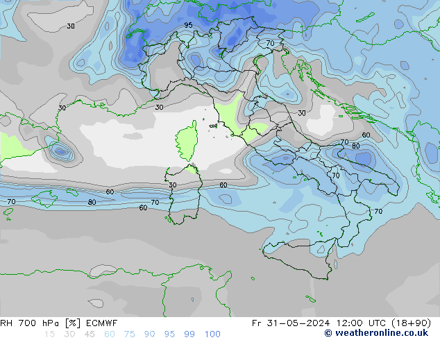 RH 700 hPa ECMWF Fr 31.05.2024 12 UTC