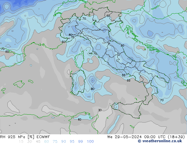 RH 925 гПа ECMWF ср 29.05.2024 09 UTC