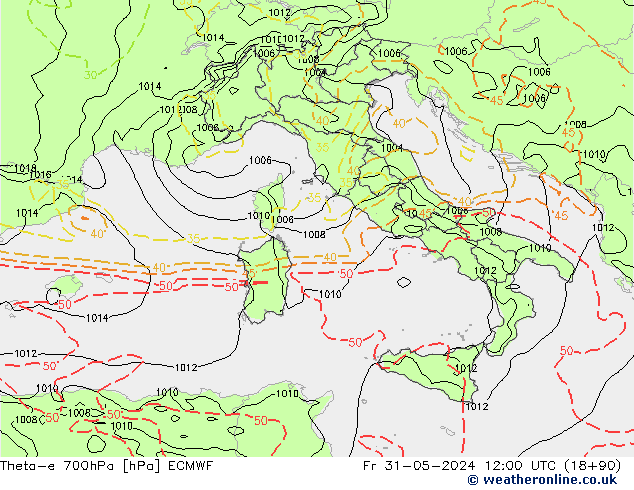 Theta-e 700hPa ECMWF Sex 31.05.2024 12 UTC