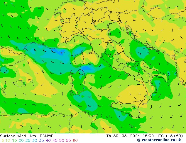 Viento 10 m ECMWF jue 30.05.2024 15 UTC