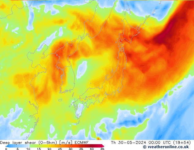 Deep layer shear (0-6km) ECMWF do 30.05.2024 00 UTC
