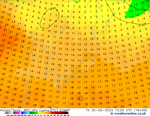 Z500/Rain (+SLP)/Z850 ECMWF Th 30.05.2024 12 UTC