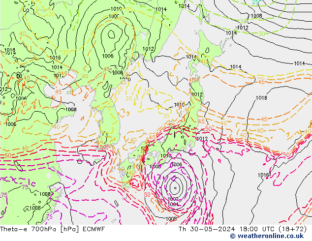 Theta-e 700hPa ECMWF gio 30.05.2024 18 UTC