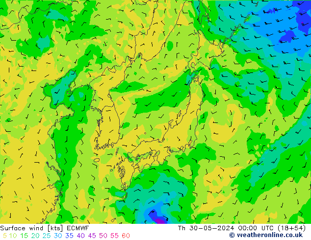 Neerslag 6h/Wind 10m/950 ECMWF do 30.05.2024 00 UTC