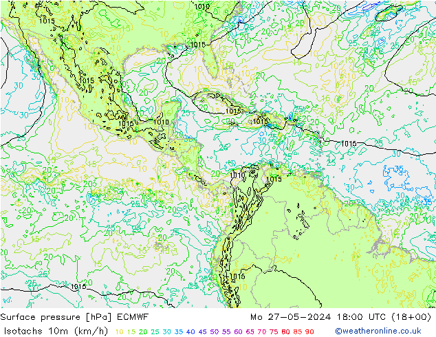 Isotachs (kph) ECMWF Po 27.05.2024 18 UTC