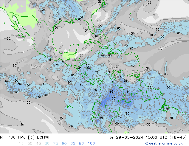 Humidité rel. 700 hPa ECMWF mer 29.05.2024 15 UTC