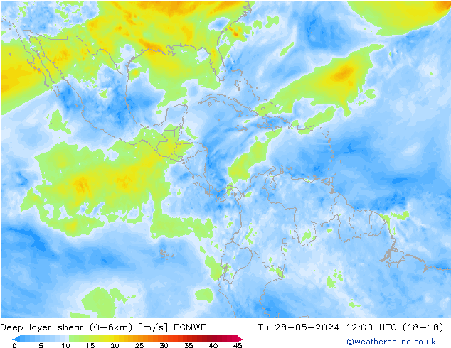 Deep layer shear (0-6km) ECMWF di 28.05.2024 12 UTC