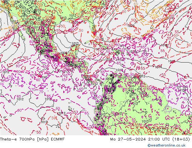Theta-e 700hPa ECMWF lun 27.05.2024 21 UTC