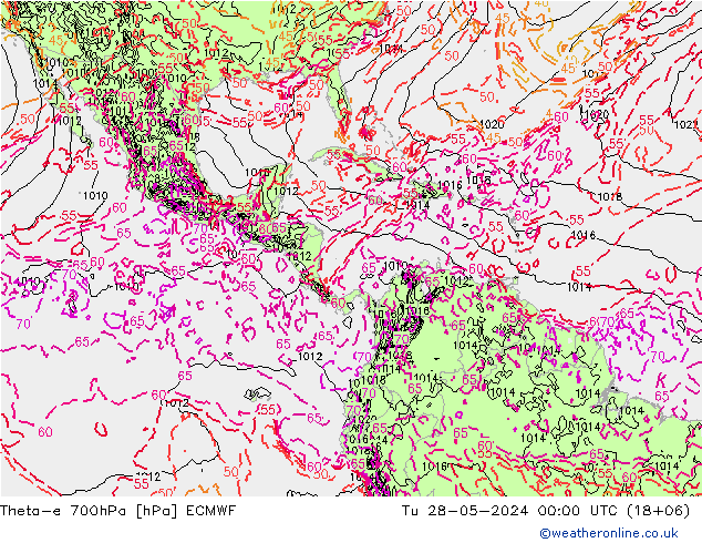 Theta-e 700hPa ECMWF di 28.05.2024 00 UTC