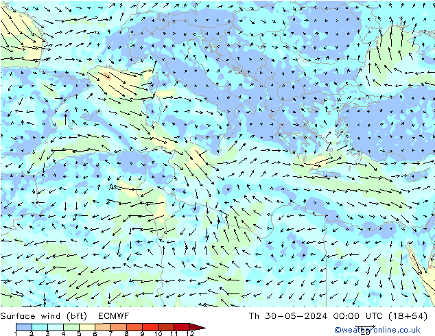 ве�Bе�@ 10 m (bft) ECMWF чт 30.05.2024 00 UTC