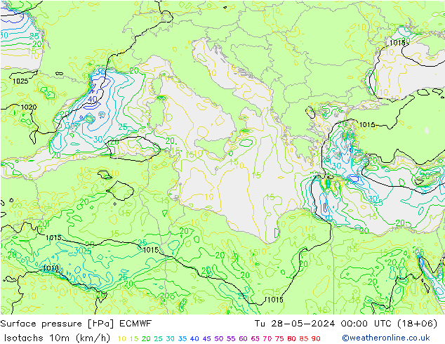 Isotachs (kph) ECMWF mar 28.05.2024 00 UTC