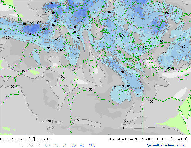 RH 700 гПа ECMWF чт 30.05.2024 06 UTC