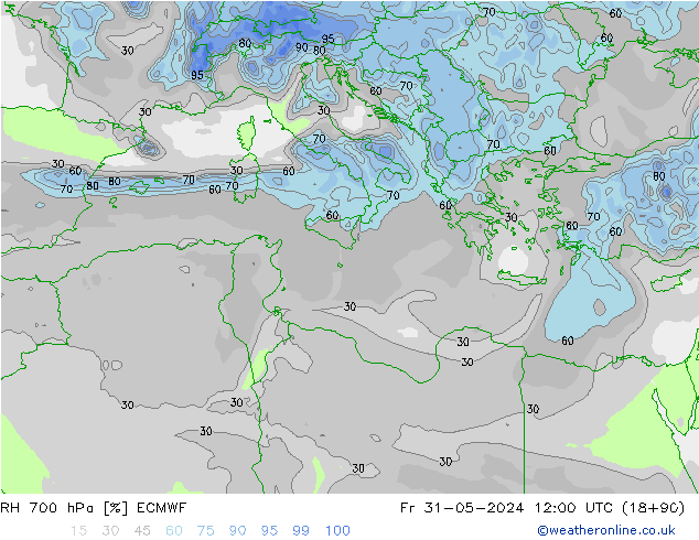 RH 700 hPa ECMWF Fr 31.05.2024 12 UTC