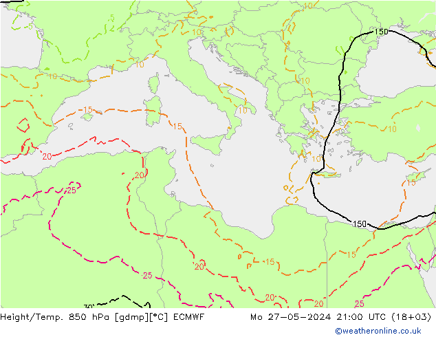 Hoogte/Temp. 850 hPa ECMWF ma 27.05.2024 21 UTC