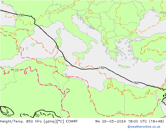 Z500/Rain (+SLP)/Z850 ECMWF We 29.05.2024 18 UTC