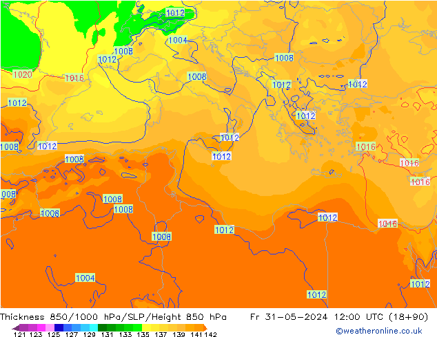 Thck 850-1000 hPa ECMWF Fr 31.05.2024 12 UTC