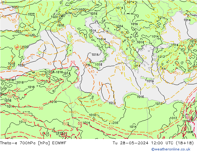 Theta-e 700hPa ECMWF Tu 28.05.2024 12 UTC