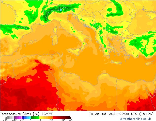 Temperatura (2m) ECMWF mar 28.05.2024 00 UTC