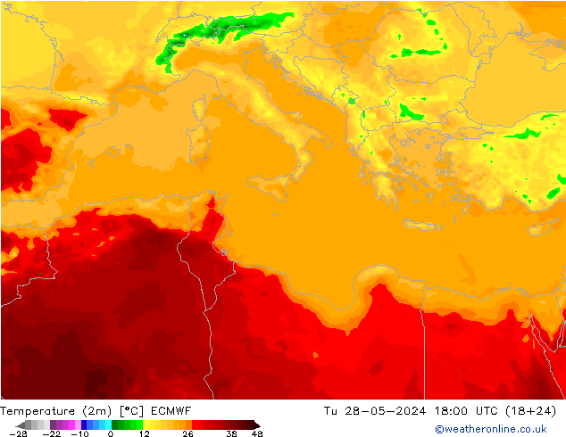 Temperature (2m) ECMWF Út 28.05.2024 18 UTC