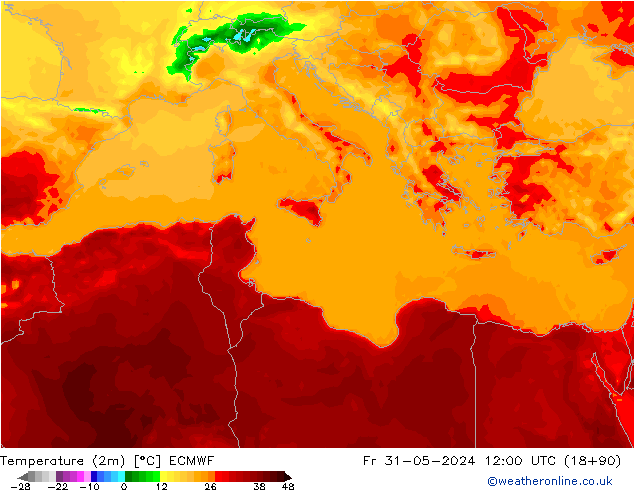 Temperaturkarte (2m) ECMWF Fr 31.05.2024 12 UTC