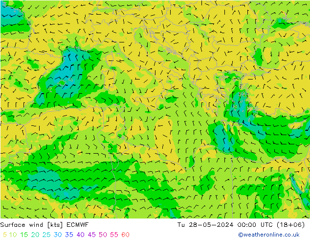 Prec 6h/Wind 10m/950 ECMWF Út 28.05.2024 00 UTC