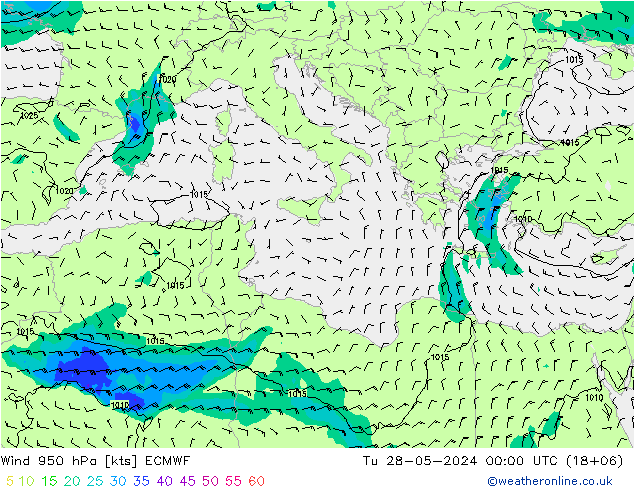 Prec 6h/Wind 10m/950 ECMWF Út 28.05.2024 00 UTC