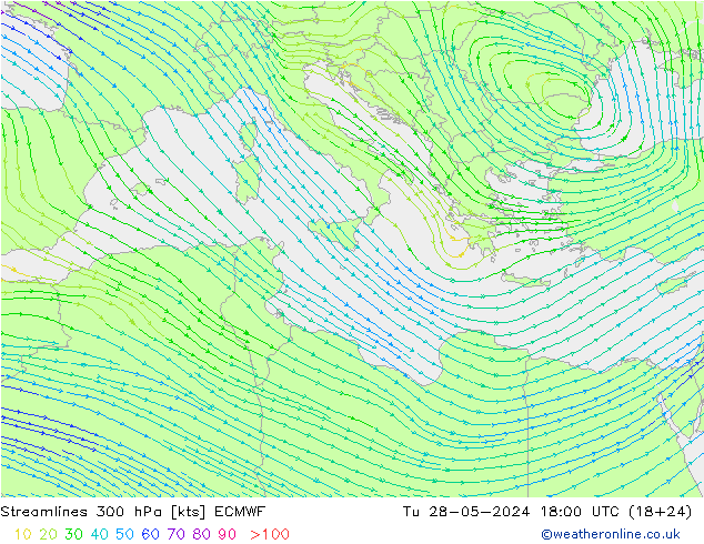 Streamlines 300 hPa ECMWF Út 28.05.2024 18 UTC