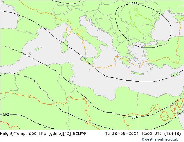 Z500/Rain (+SLP)/Z850 ECMWF Út 28.05.2024 12 UTC