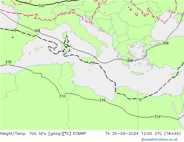 Height/Temp. 700 hPa ECMWF Qui 30.05.2024 12 UTC