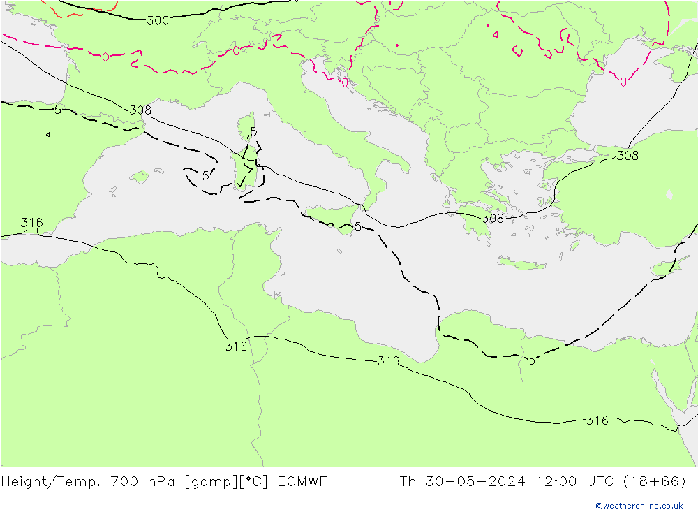 Hoogte/Temp. 700 hPa ECMWF do 30.05.2024 12 UTC