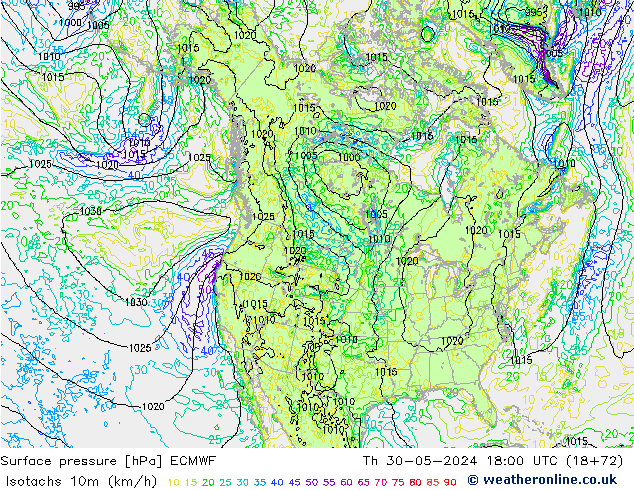 Isotachs (kph) ECMWF Th 30.05.2024 18 UTC