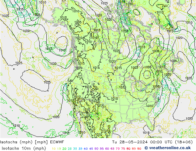 Isotachs (mph) ECMWF Út 28.05.2024 00 UTC