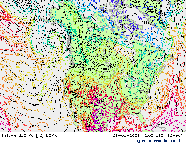 Theta-e 850hPa ECMWF ven 31.05.2024 12 UTC