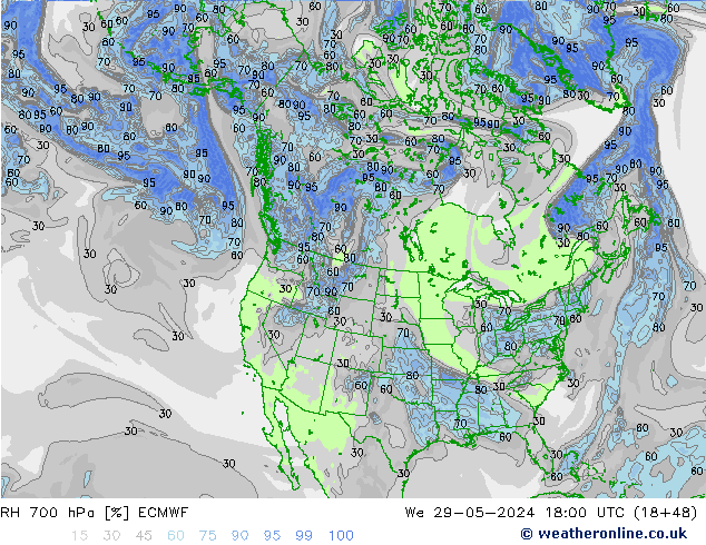 RH 700 hPa ECMWF Mi 29.05.2024 18 UTC