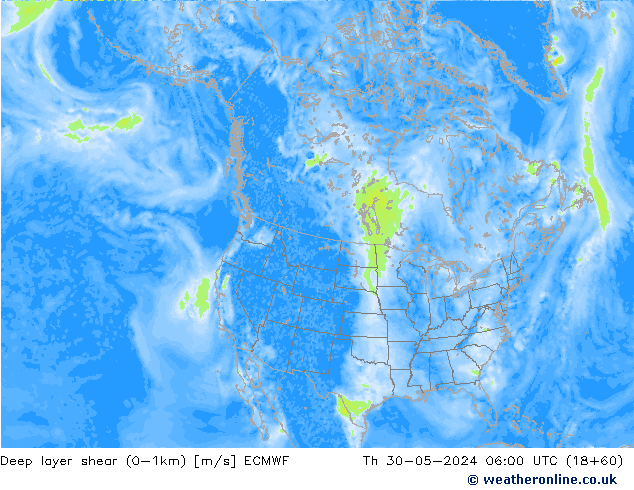 Deep layer shear (0-1km) ECMWF czw. 30.05.2024 06 UTC