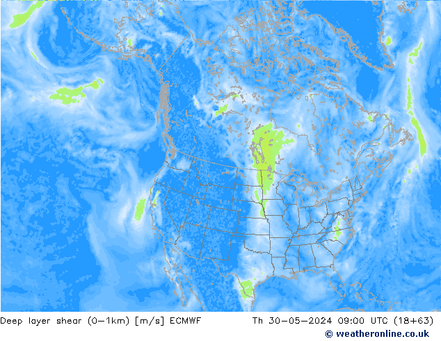 Deep layer shear (0-1km) ECMWF gio 30.05.2024 09 UTC