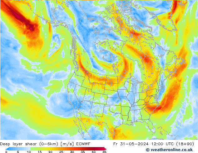 Deep layer shear (0-6km) ECMWF Fr 31.05.2024 12 UTC