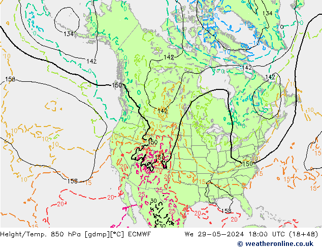 Height/Temp. 850 hPa ECMWF We 29.05.2024 18 UTC