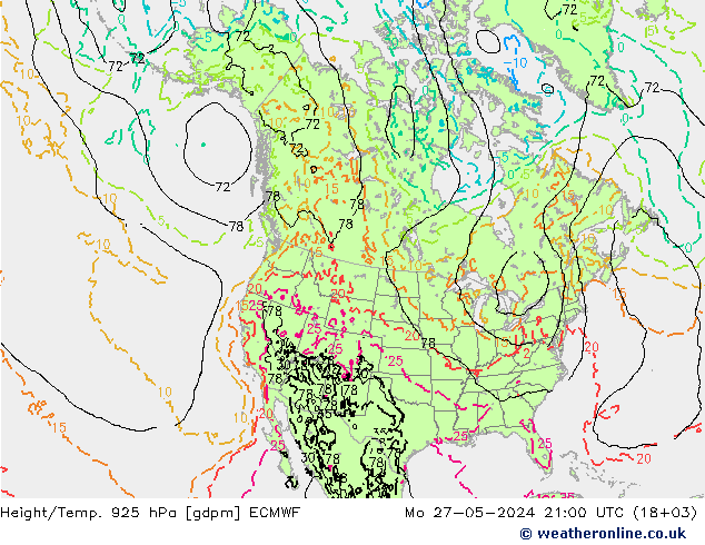 Height/Temp. 925 hPa ECMWF Mo 27.05.2024 21 UTC