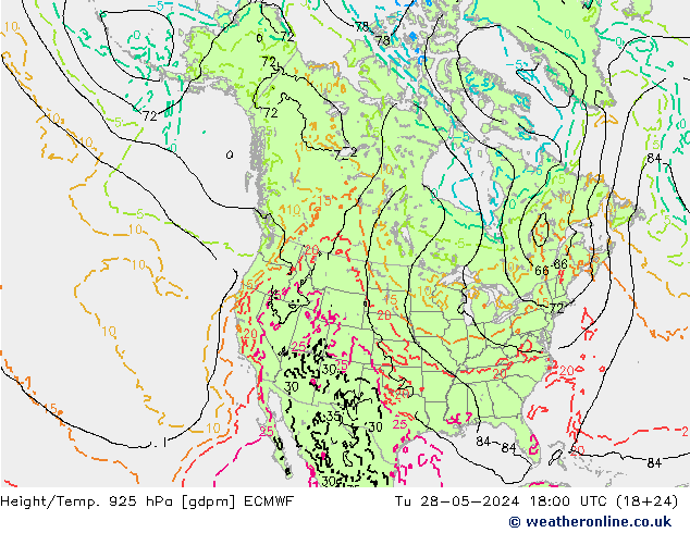 Height/Temp. 925 hPa ECMWF Tu 28.05.2024 18 UTC