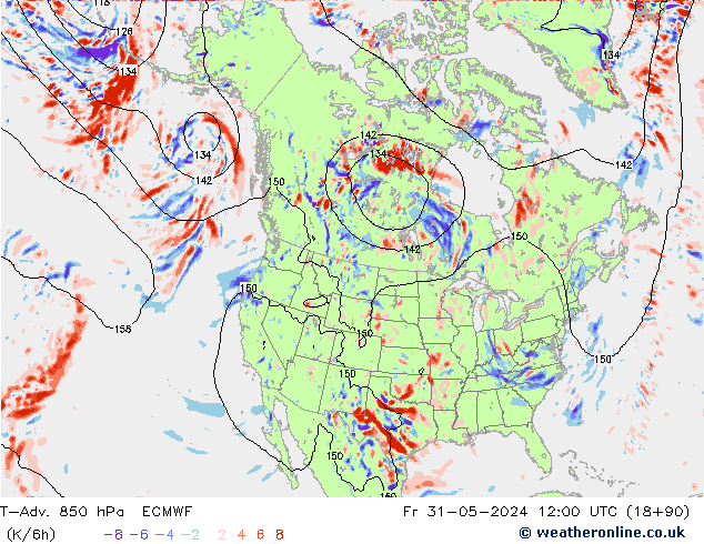 T-Adv. 850 гПа ECMWF пт 31.05.2024 12 UTC