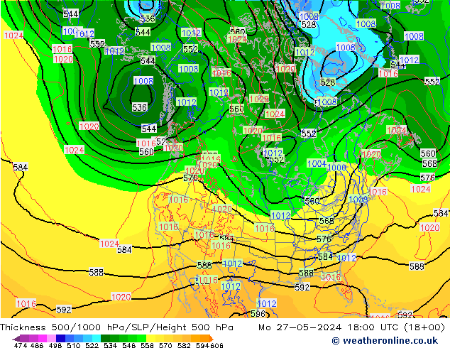 Espesor 500-1000 hPa ECMWF lun 27.05.2024 18 UTC