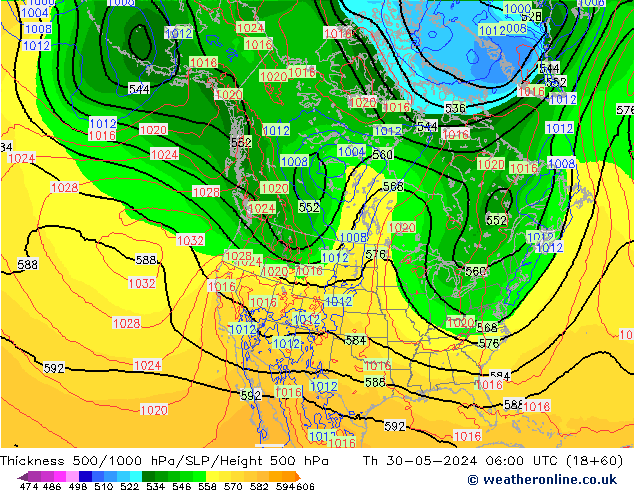 Thck 500-1000hPa ECMWF czw. 30.05.2024 06 UTC