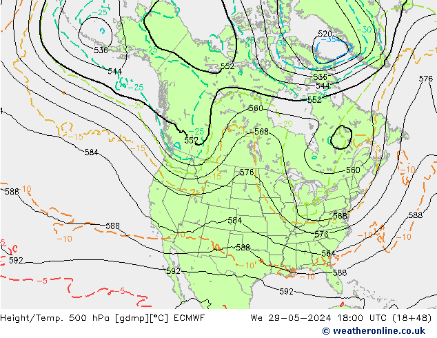 Z500/Rain (+SLP)/Z850 ECMWF mié 29.05.2024 18 UTC