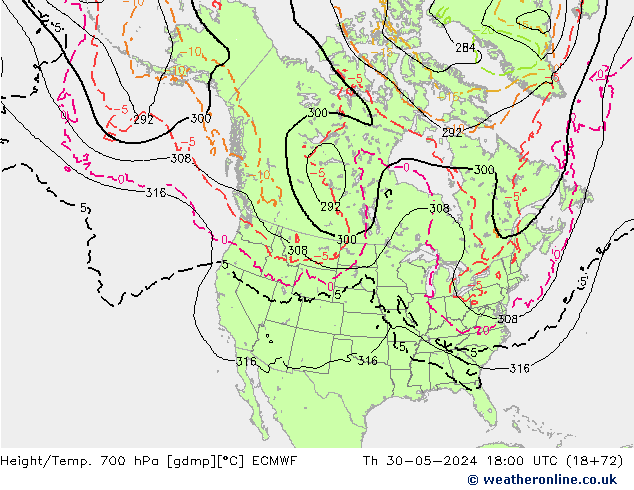 Height/Temp. 700 hPa ECMWF Do 30.05.2024 18 UTC