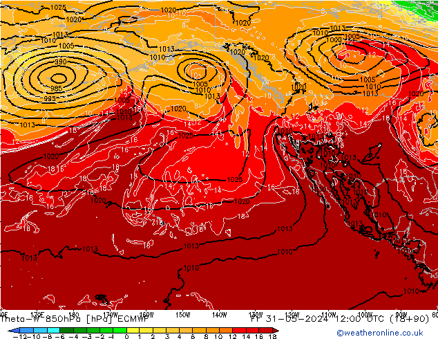 Theta-W 850гПа ECMWF пт 31.05.2024 12 UTC