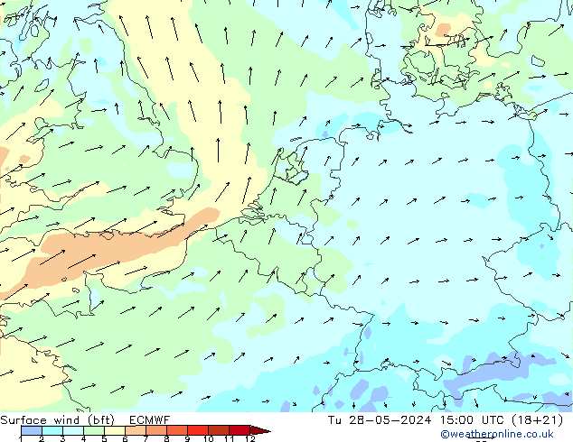 Vent 10 m (bft) ECMWF mar 28.05.2024 15 UTC