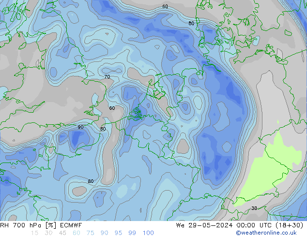 Humidité rel. 700 hPa ECMWF mer 29.05.2024 00 UTC