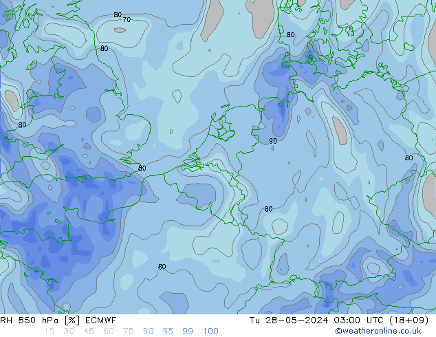 RH 850 hPa ECMWF Út 28.05.2024 03 UTC